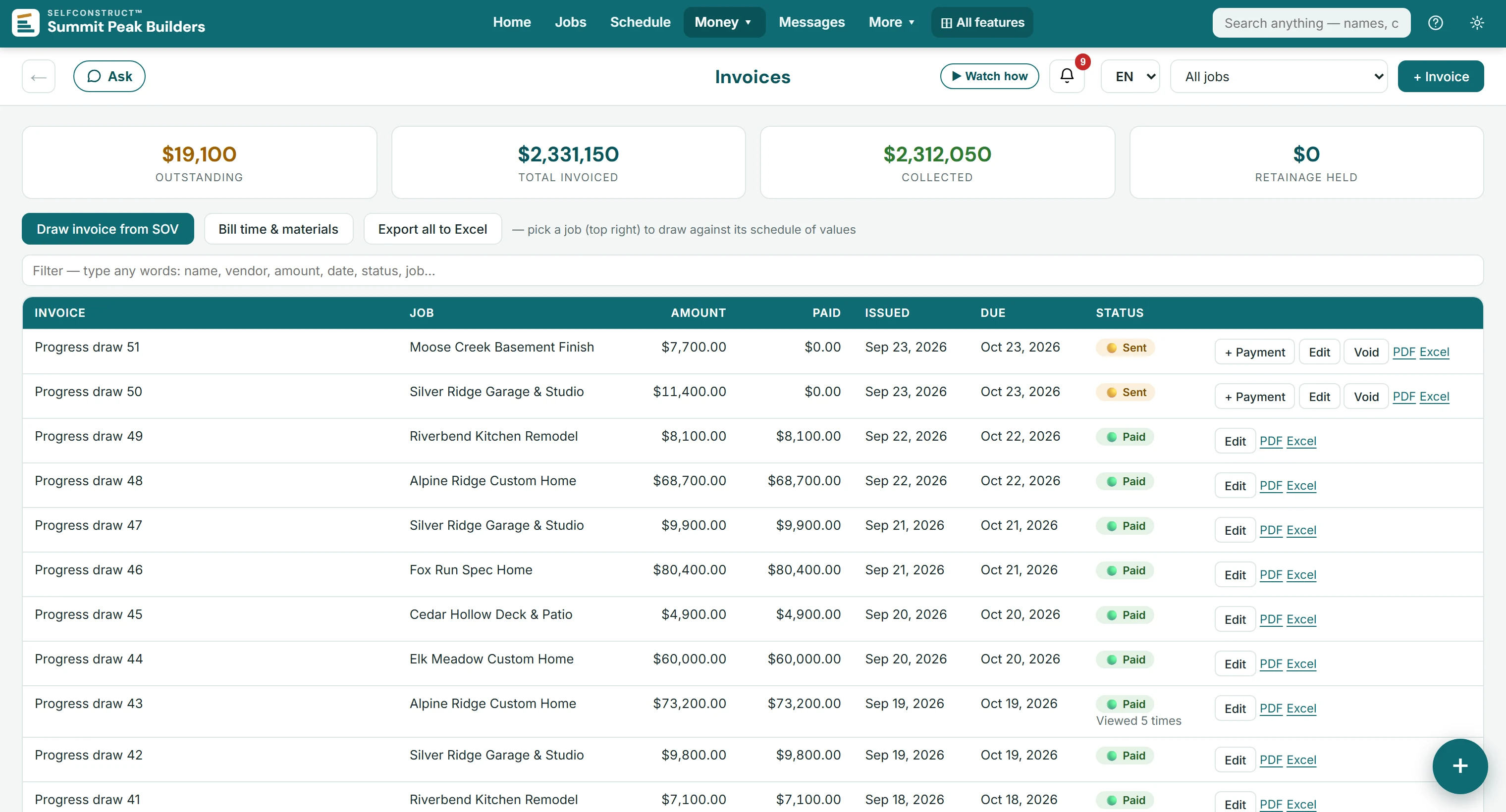 SelfConstruct invoices — outstanding, invoiced and collected totals with draw history
