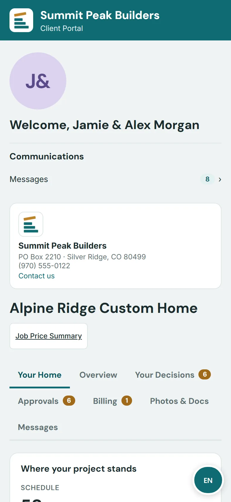 SelfConstruct client portal on a phone: the homeowner's welcome screen with messages, job summary, approvals and billing tabs
